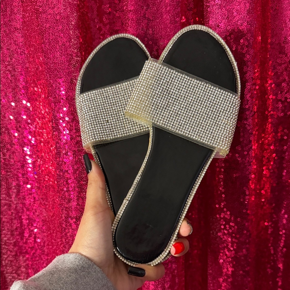 Women's Black Slide Sandals with Crystal Strap